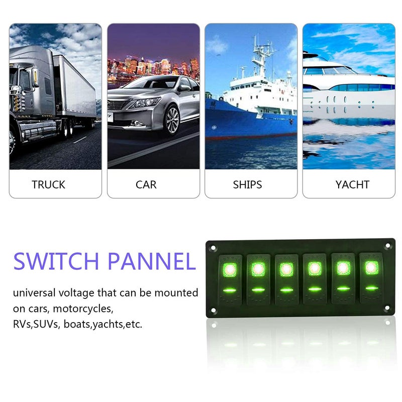 Garfour Marine Green 6 Gang Boat Switch Panel 5 Pin On/Off LED Light Aluminum Rocker Switch Panel for RV SUV Boat - Image 5